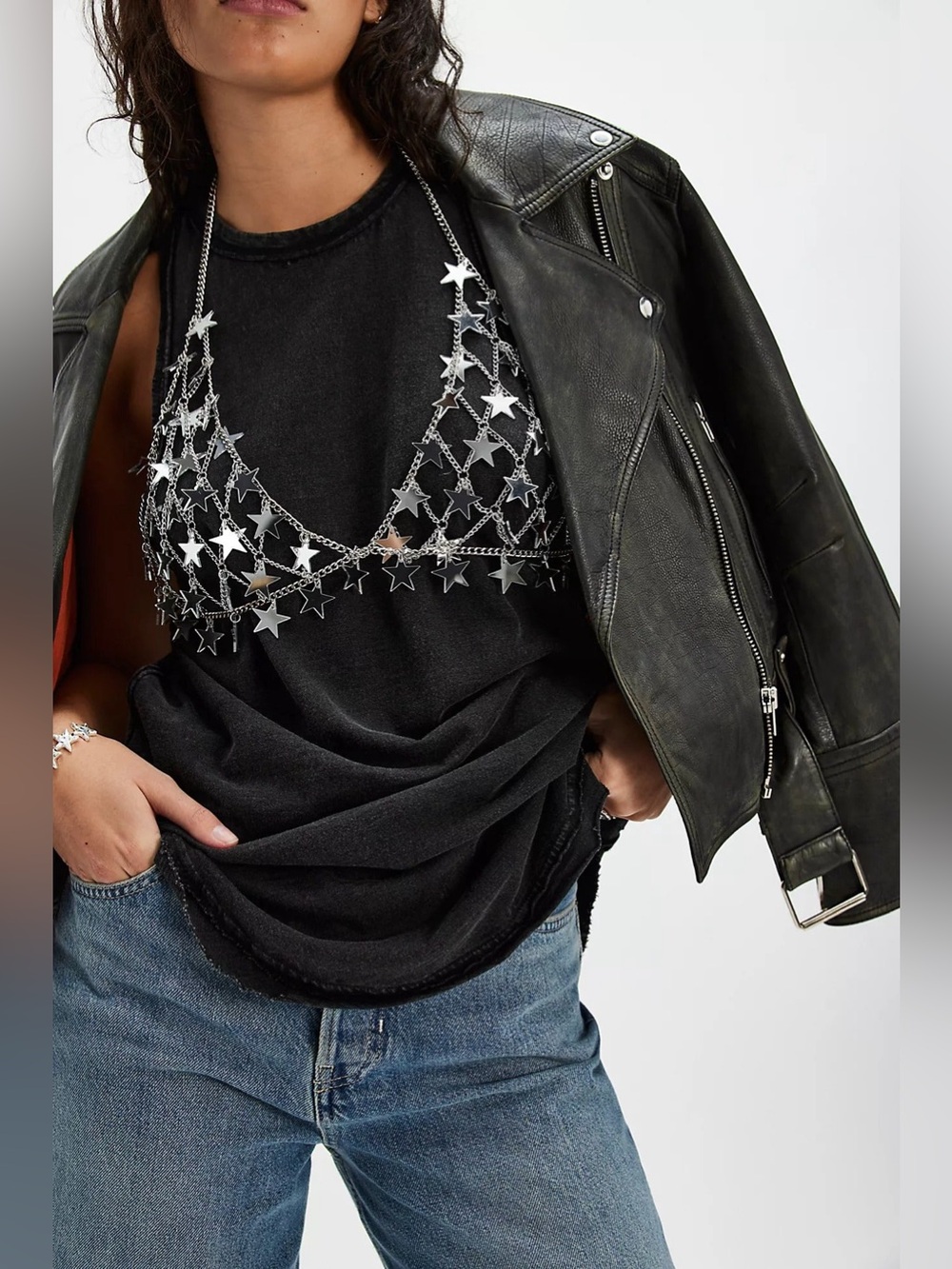 Free People Texas Strut Body Chain Stars Silver One Size